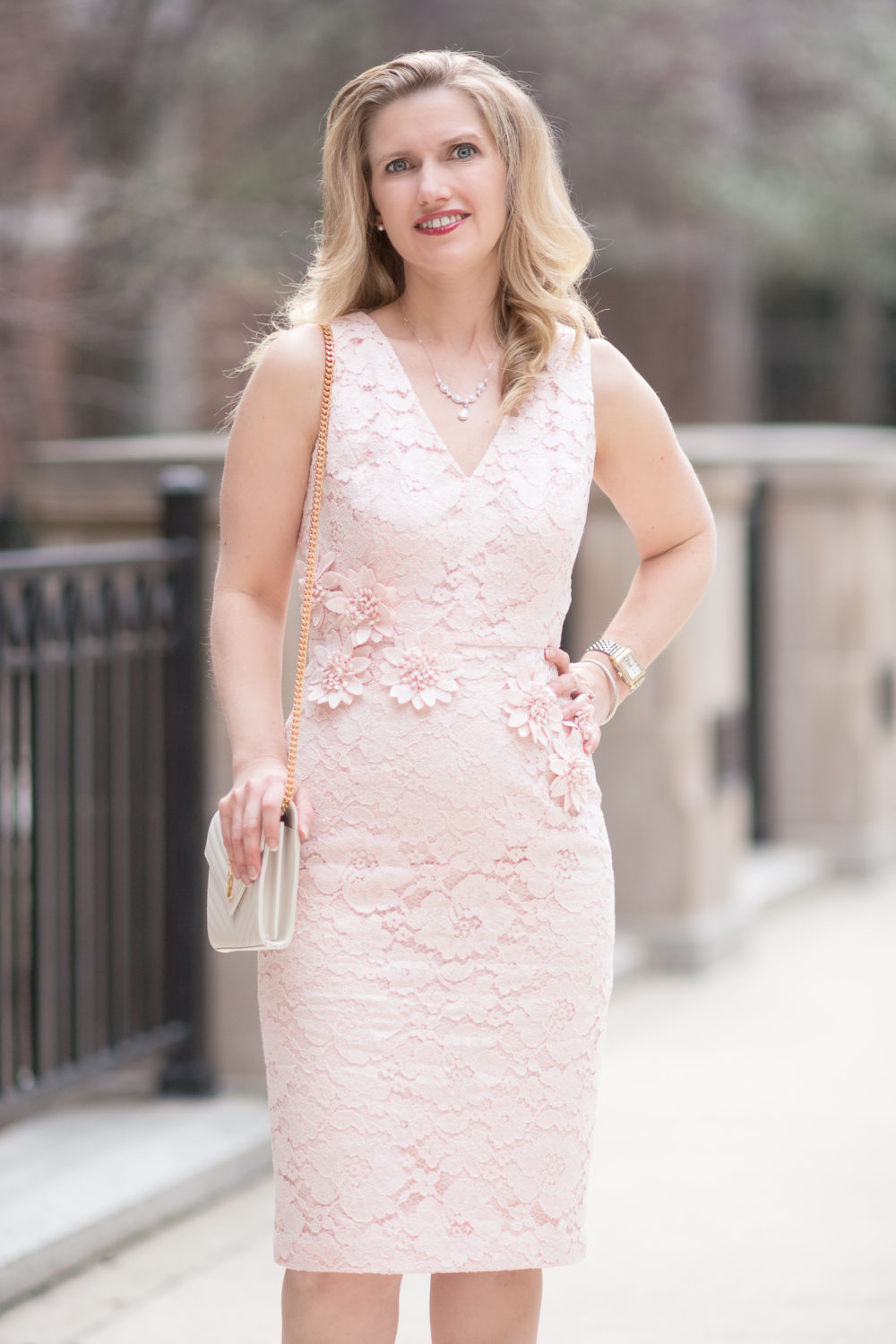 Michigan Petite Fashion and Lifestyle Blog | Maggy London Valentina Petite Midi Dress | Jimmy Choo Sandals | YSL Wallet on Chain | A Letter to My Daughter