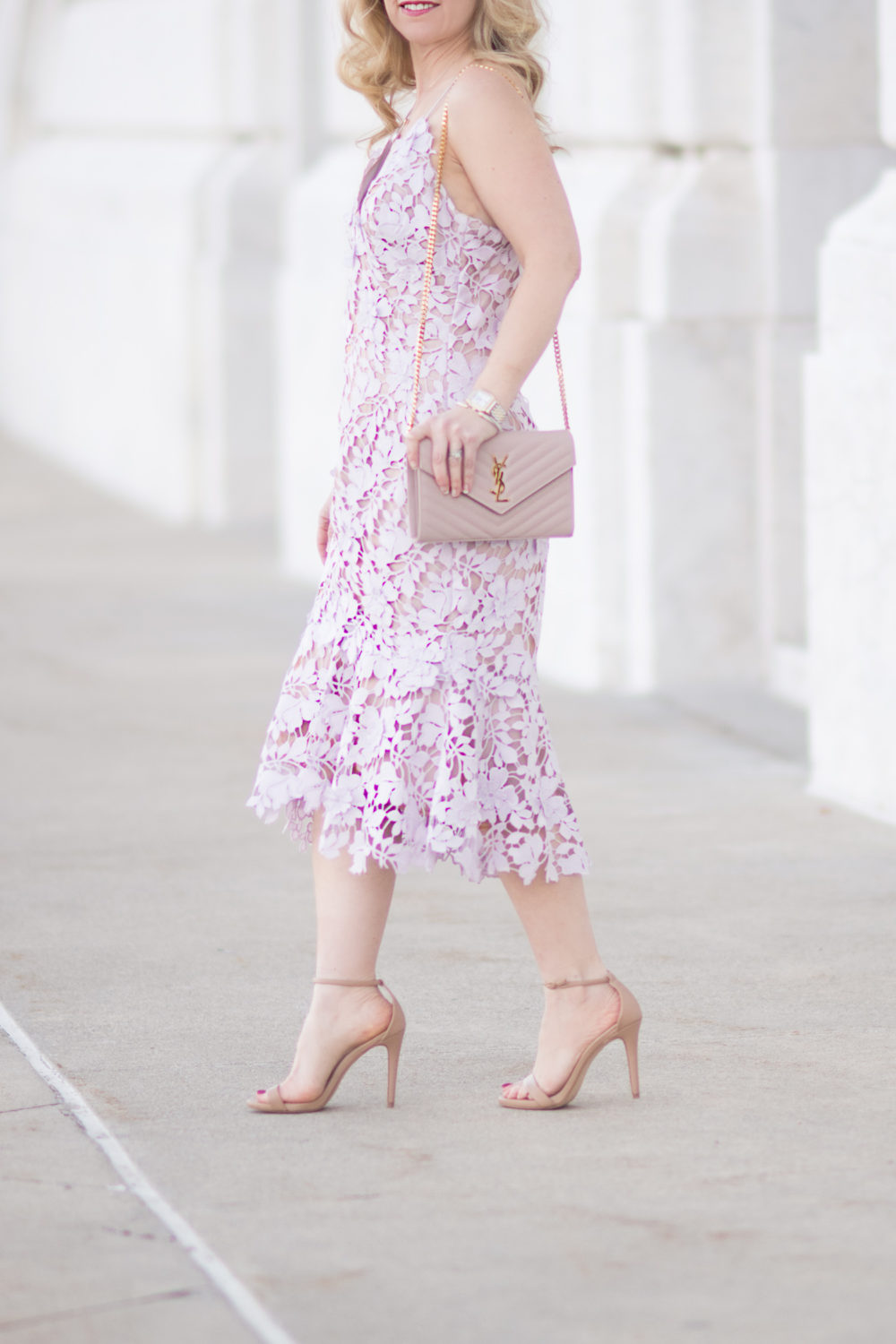 Michigan Petite Fashion and Lifestyle Blog | Vera Wang Women's Sleeveless 3D Lace Cocktail Dress With Ruffle Skirt | Lavender Dress | Lace Dress