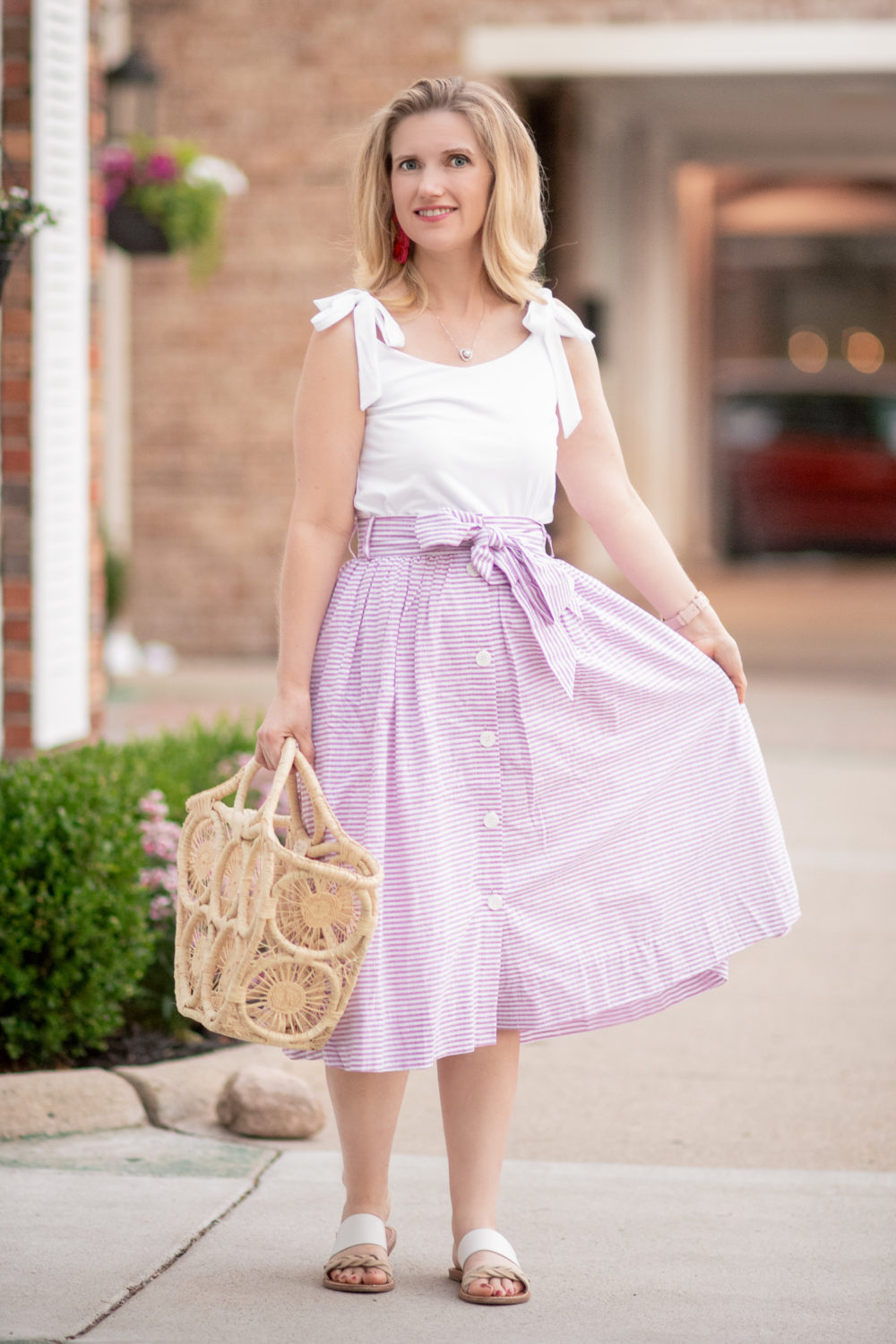 Michigan Petite Fashion and Lifestyle Blog | Fourth of July Fashions | 1901 Bow Button Up Stripe Skirt | BaubleBar Rosa Flower Drop Earrings