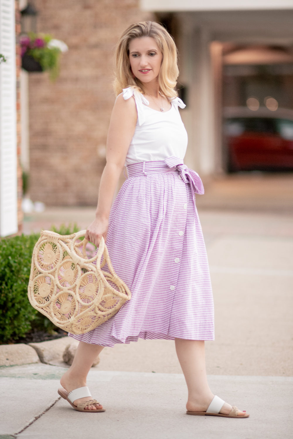 Michigan Petite Fashion and Lifestyle Blog | Fourth of July Fashions | 1901 Bow Button Up Stripe Skirt | BaubleBar Rosa Flower Drop Earrings