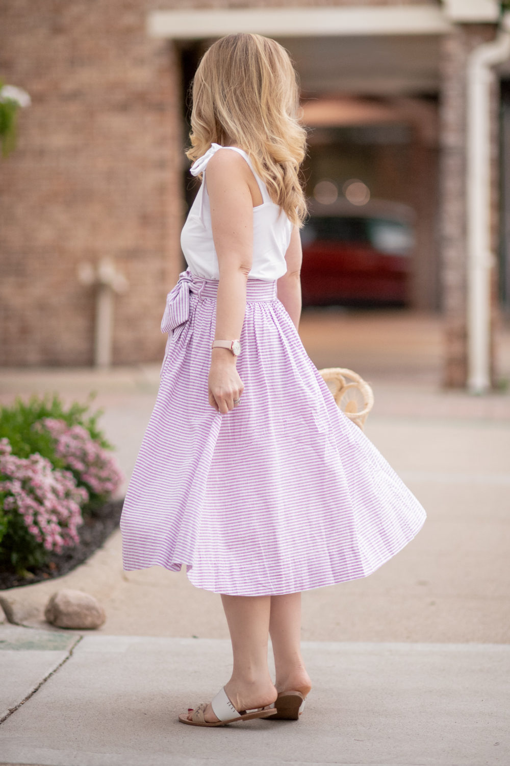 Michigan Petite Fashion and Lifestyle Blog | Fourth of July Fashions | 1901 Bow Button Up Stripe Skirt | BaubleBar Rosa Flower Drop Earrings