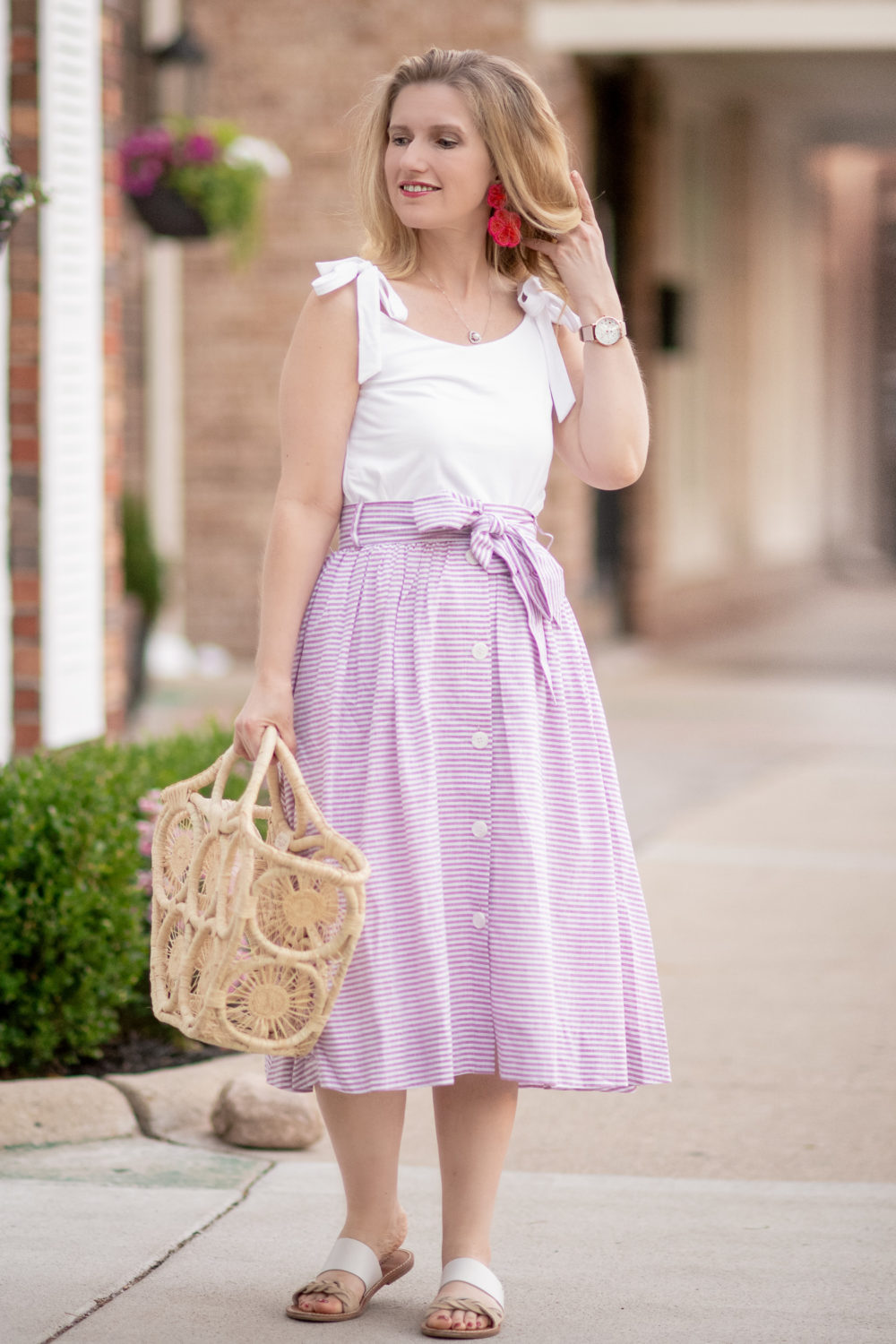 Michigan Petite Fashion and Lifestyle Blog | Fourth of July Fashions | 1901 Bow Button Up Stripe Skirt | BaubleBar Rosa Flower Drop Earrings