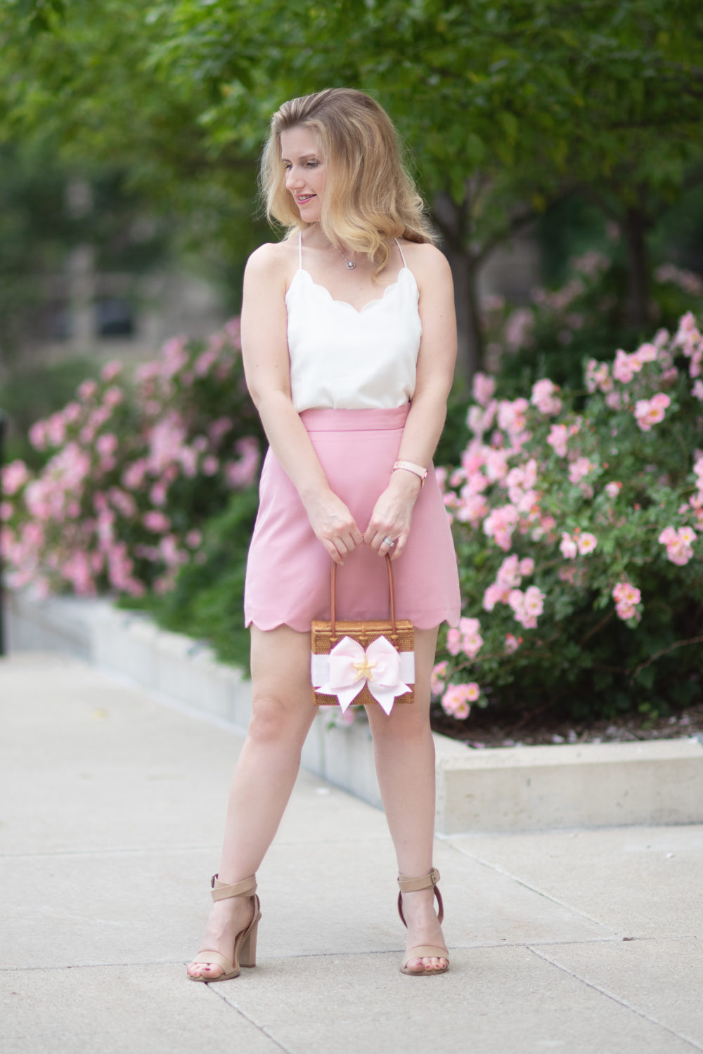 Michigan Petite Fashion and Lifestyle Blog | Lisi Lerch Emory Handbag | J. Crew Factory Scalloped Cami | ASOS Mini Skirt With Scalloped Hem