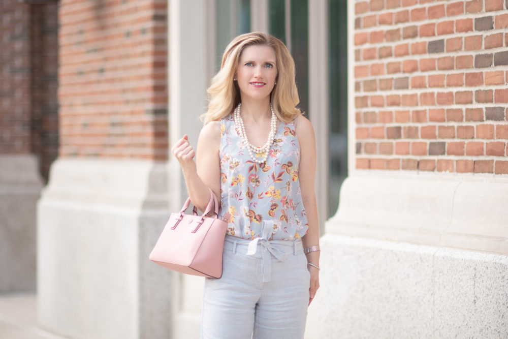 Petite Fashion and Style Blog | Loft Sale | Loft Floral Flounce Top | Loft Slim Textured Tie Waist Pencil Pants