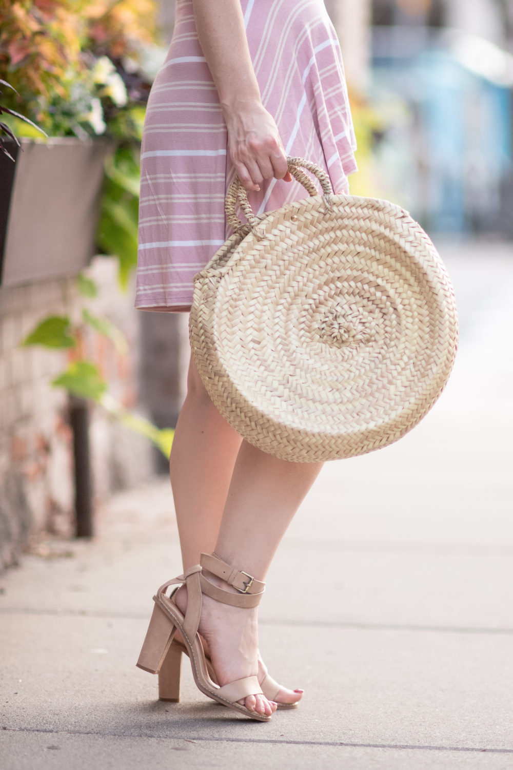 Michigan Petite Fashion and Lifestyle Blog | BP Wrap Romper | Saint Laurent Loulou heart-shaped acetate sunglasses | Caterina Bertini Straw Circle Tote