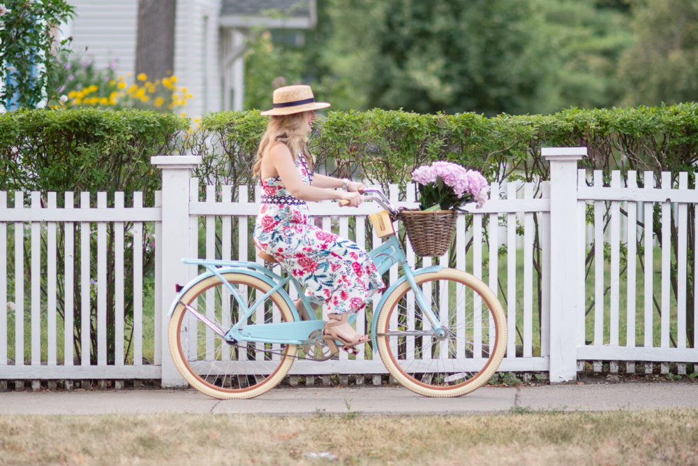 Eliza J Criss Cross Back Floral Print Jumpsuit | Huffy Nel Lusso Cruiser | Vintage Style Bike