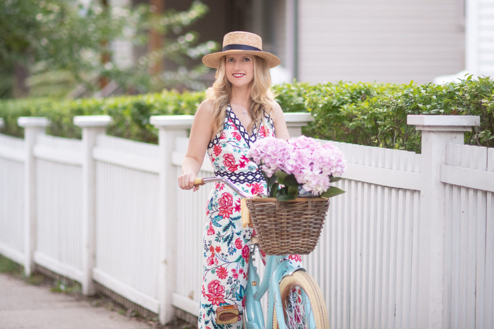 Eliza J Criss Cross Back Floral Print Jumpsuit | Huffy Nel Lusso Cruiser | Vintage Style Bike
