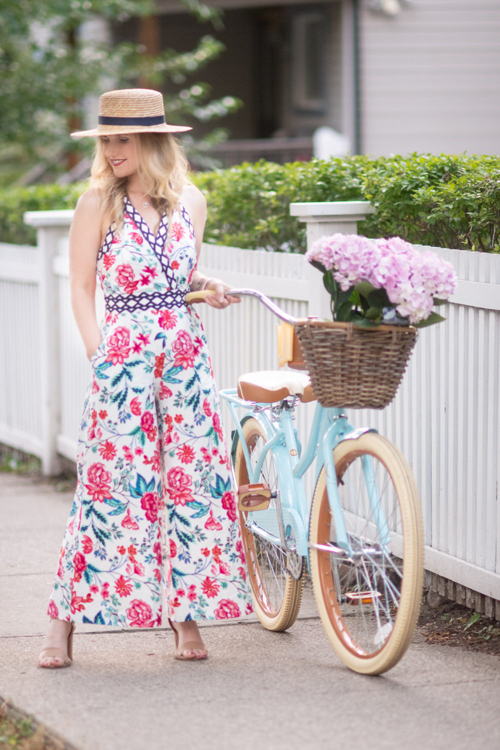 Eliza J Criss Cross Back Floral Print Jumpsuit | Huffy Nel Lusso Cruiser | Vintage Style Bike