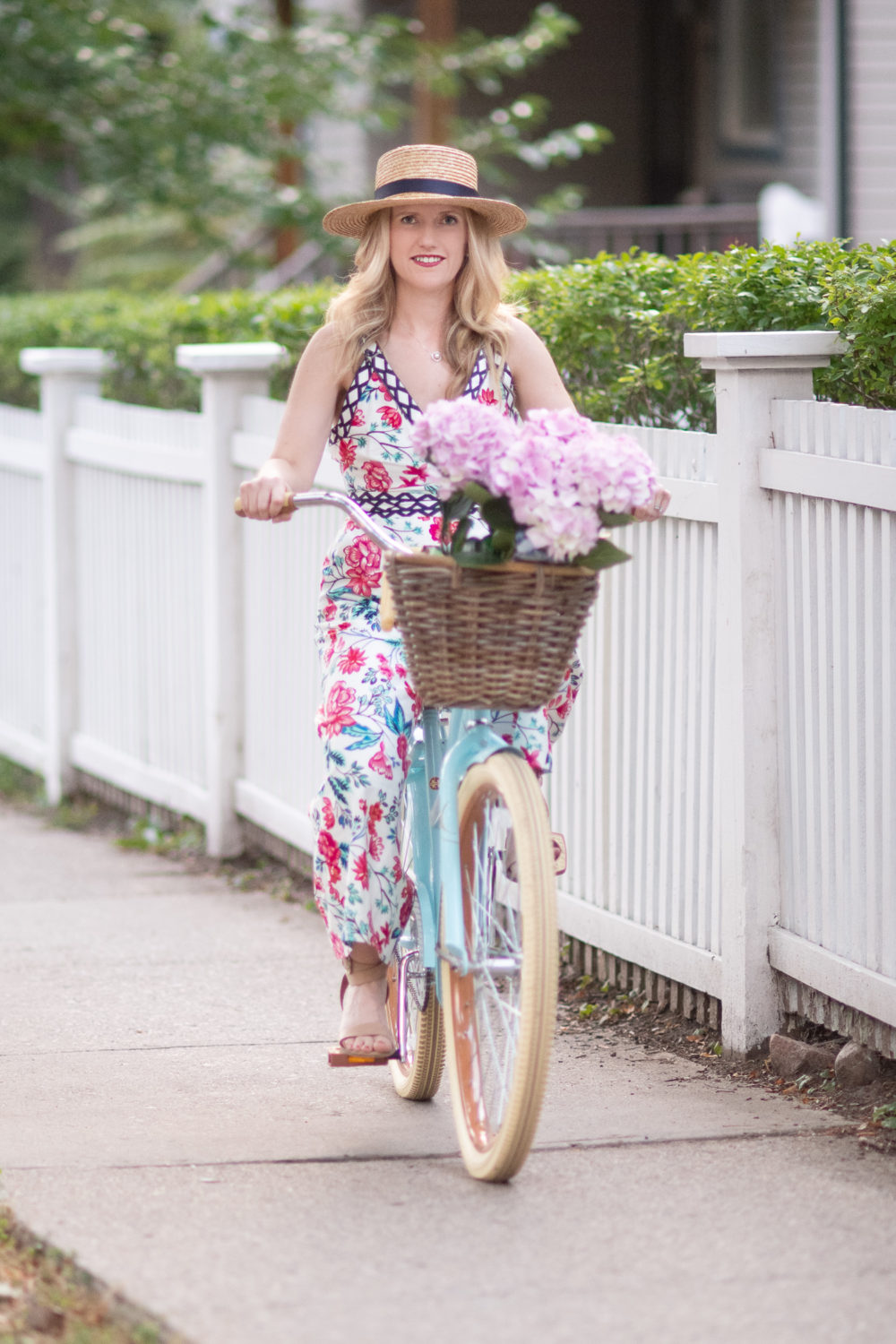 Eliza J Criss Cross Back Floral Print Jumpsuit | Huffy Nel Lusso Cruiser | Vintage Style Bike