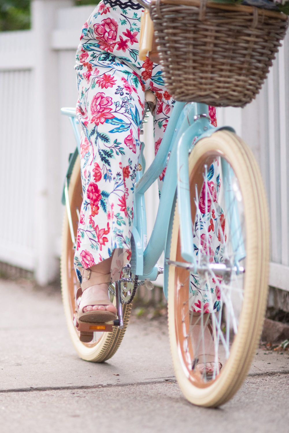 Eliza J Criss Cross Back Floral Print Jumpsuit | Huffy Nel Lusso Cruiser | Vintage Style Bike