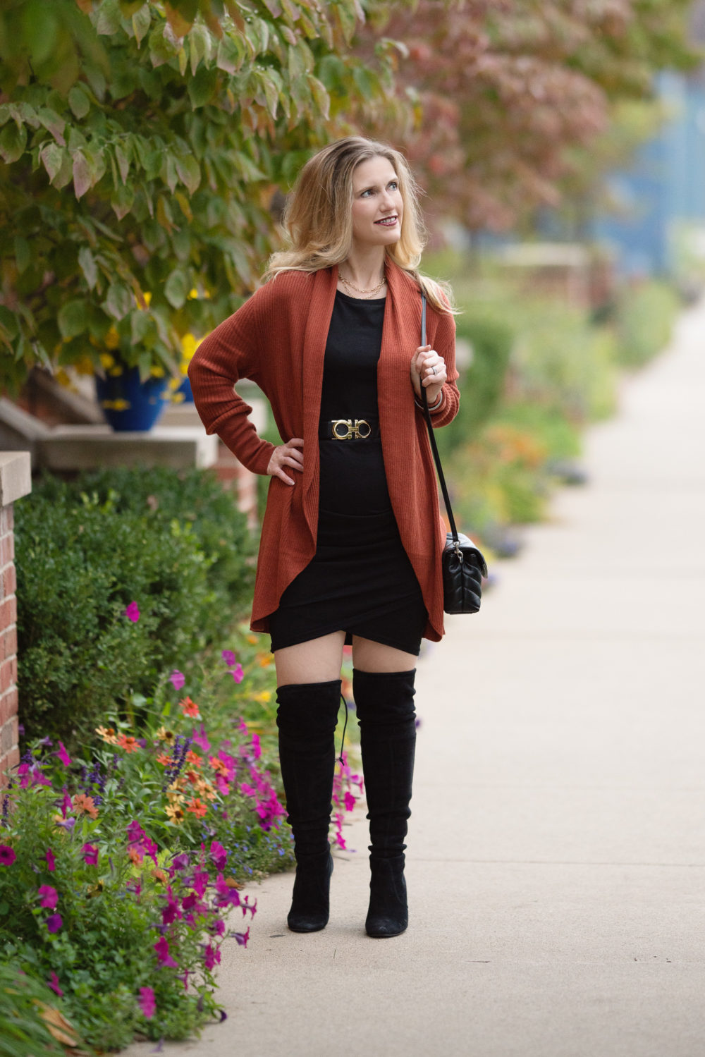 Petite Fashion and Style Blog | Leith Ruched Shawl Cocoon Sweater | Leith Ruched Body-Con Tank Dress | Stuart Weitzman Highland Boots | Ferragamo Belt