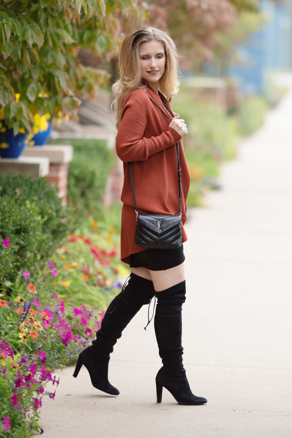 Petite Fashion and Style Blog | Leith Ruched Shawl Cocoon Sweater | Leith Ruched Body-Con Tank Dress | Stuart Weitzman Highland Boots | Ferragamo Belt