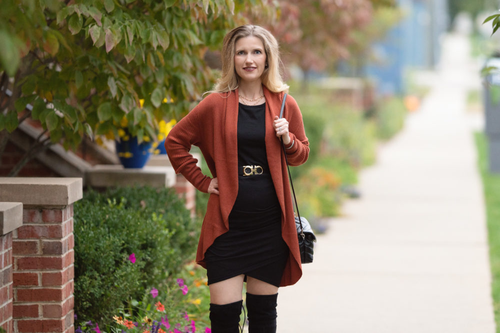 Petite Fashion and Style Blog | Leith Ruched Shawl Cocoon Sweater | Leith Ruched Body-Con Tank Dress | Stuart Weitzman Highland Boots | Ferragamo Belt