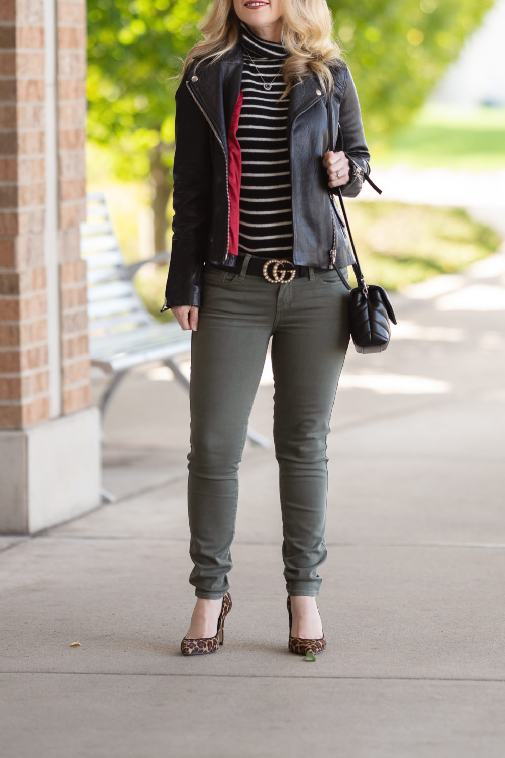 Petite Fashion and Style Blog | Topshop Leather Moto Jacket | Ann Taylor Leopard Heels | YSL LouLou Crossbody Bag