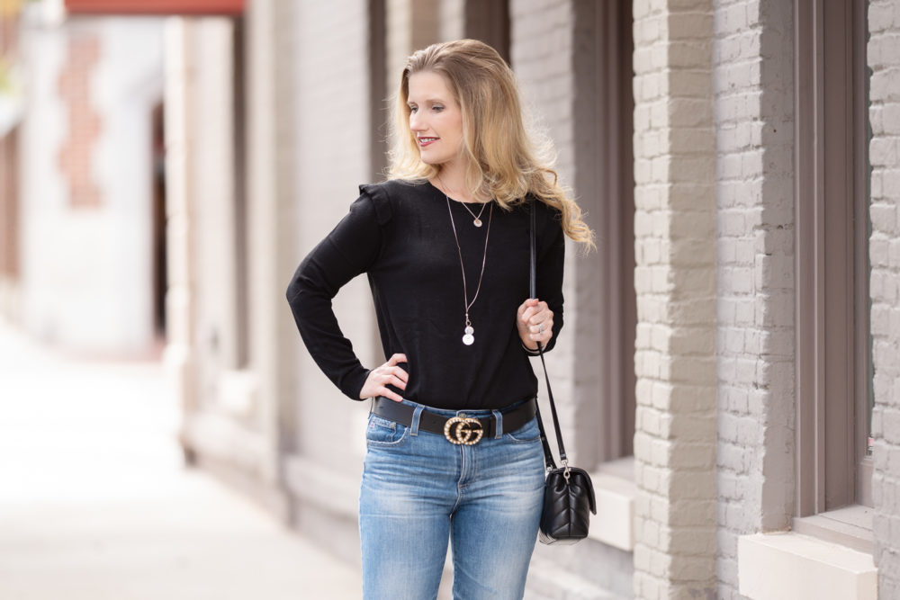 Petite Fashion and Style Blog | Downeast Basics Ruffle Sweater | How to make black and denim look chic