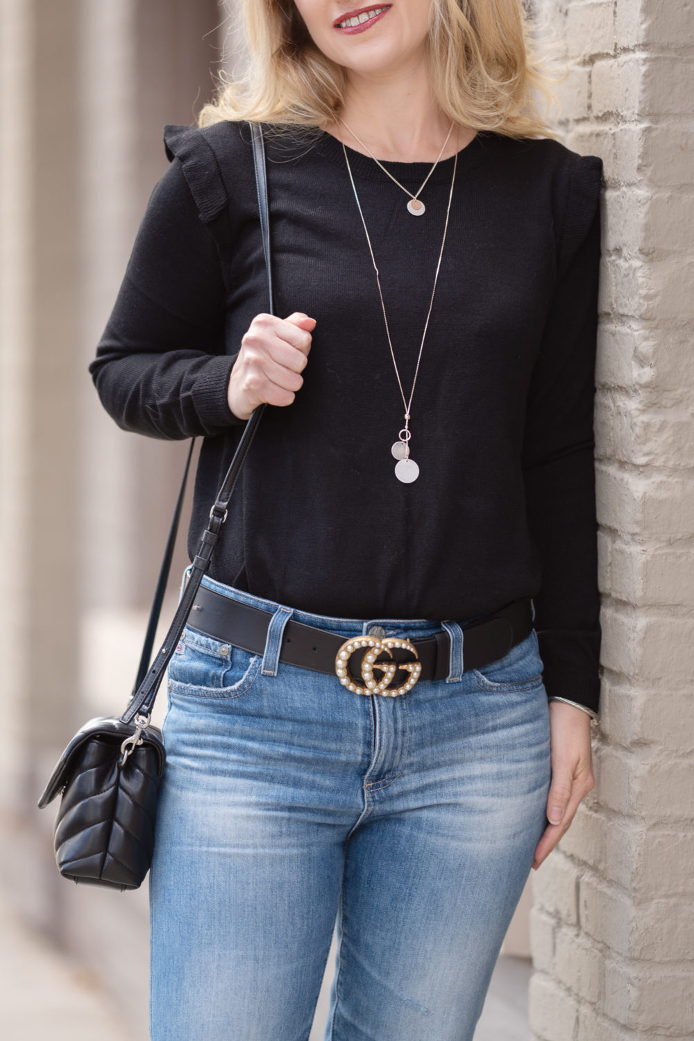 Petite Fashion and Style Blog | Downeast Basics Ruffle Sweater | How to make black and denim look chic