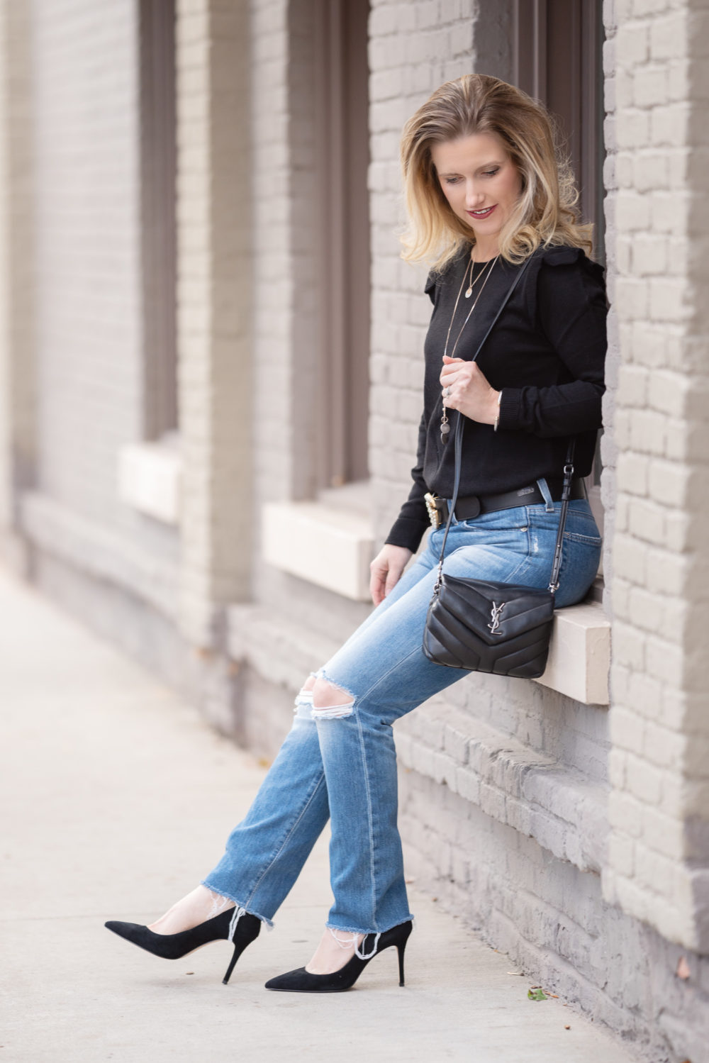 Petite Fashion and Style Blog | Downeast Basics Ruffle Sweater | How to make black and denim look chic