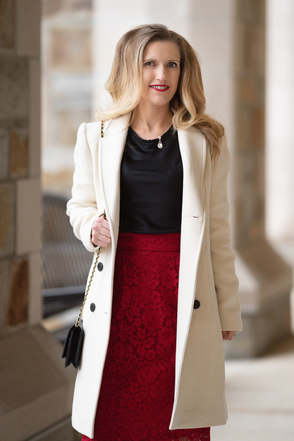 Petite Fashion and Style Blog | J. Crew Pintucked Pencil Skirt in Lace | Red Skirt | Lace Skirt | Christian Louboutin Simple Pump | Holiday Outfit Idea