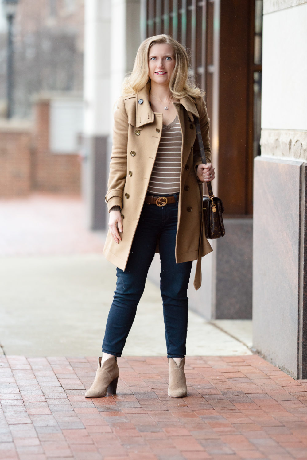 Petite Fashion and Style Blog | Burberry Camel Coat | Abound Striped V-Neck Pullover Sweater | Paige Verdugo Skinny Jeans