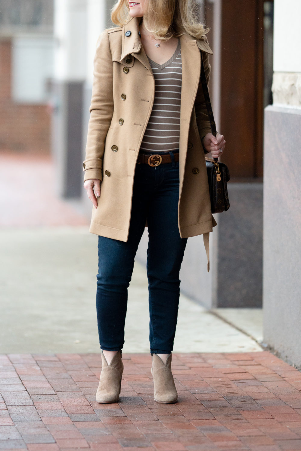 Petite Fashion and Style Blog | Burberry Camel Coat | Abound Striped V-Neck Pullover Sweater | Paige Verdugo Skinny Jeans