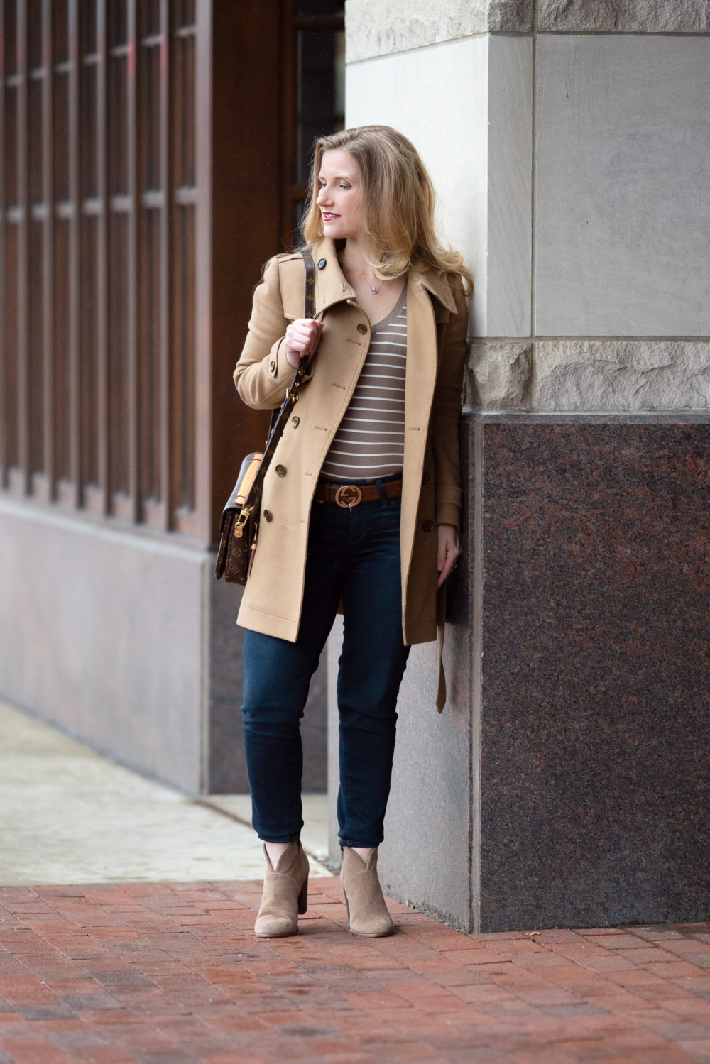Petite Fashion and Style Blog | Burberry Camel Coat | Abound Striped V-Neck Pullover Sweater | Paige Verdugo Skinny Jeans