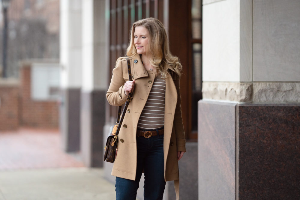 Petite Fashion and Style Blog | Burberry Camel Coat | Abound Striped V-Neck Pullover Sweater | Paige Verdugo Skinny Jeans