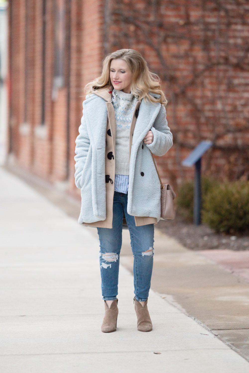 Petite Fashion and Style Blog | J. Crew Jewel Embellished Fair Isle Sweater | Kensie Double-Breasted Faux-Fur Teddy Coat | Burberry Merton Duffel Coat | Paige Verdugo Ankle Jeans