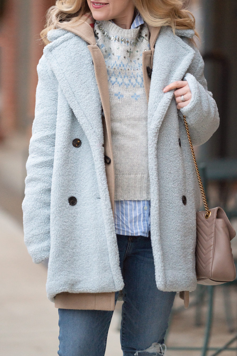 Petite Fashion and Style Blog | J. Crew Jewel Embellished Fair Isle Sweater | Kensie Double-Breasted Faux-Fur Teddy Coat | Burberry Merton Duffel Coat | Paige Verdugo Ankle Jeans