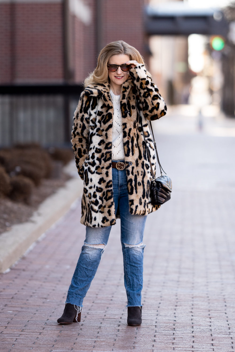 Petite Fashion Blog | Petite Style | Kensie Leopard Coat | Topshop Pointelle Sweater | Gucci Belt | AG Isabella Crop Jeans | YSL Lou Lou Toy Crossbody Bag