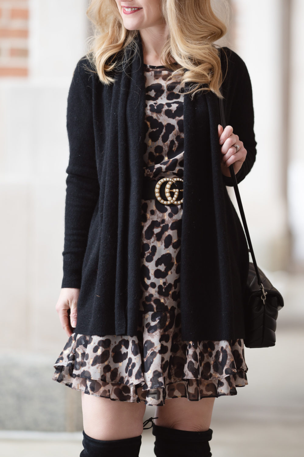 Petite Fashion and Style Blog |Eliza J Flounce Sleeve Leopard Dress | C by Bloomingdales cardigan | Stuart Weitzman Highland boots | Leopard Dress