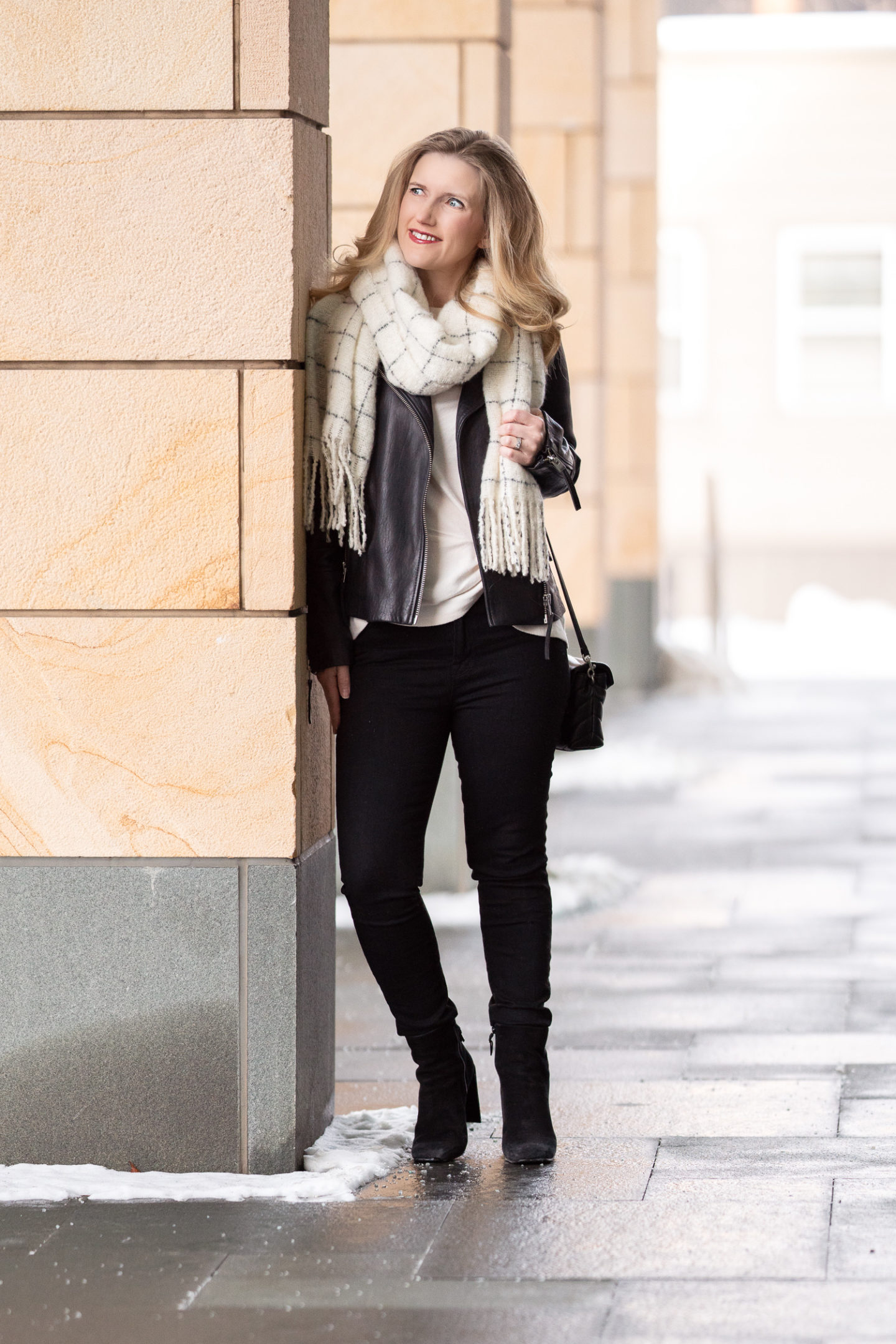 Petite Fashion and Style Blog | Topshop Moto Jacket | Loft Plaid Boucle Blanket Scarf | J. Brand Denim