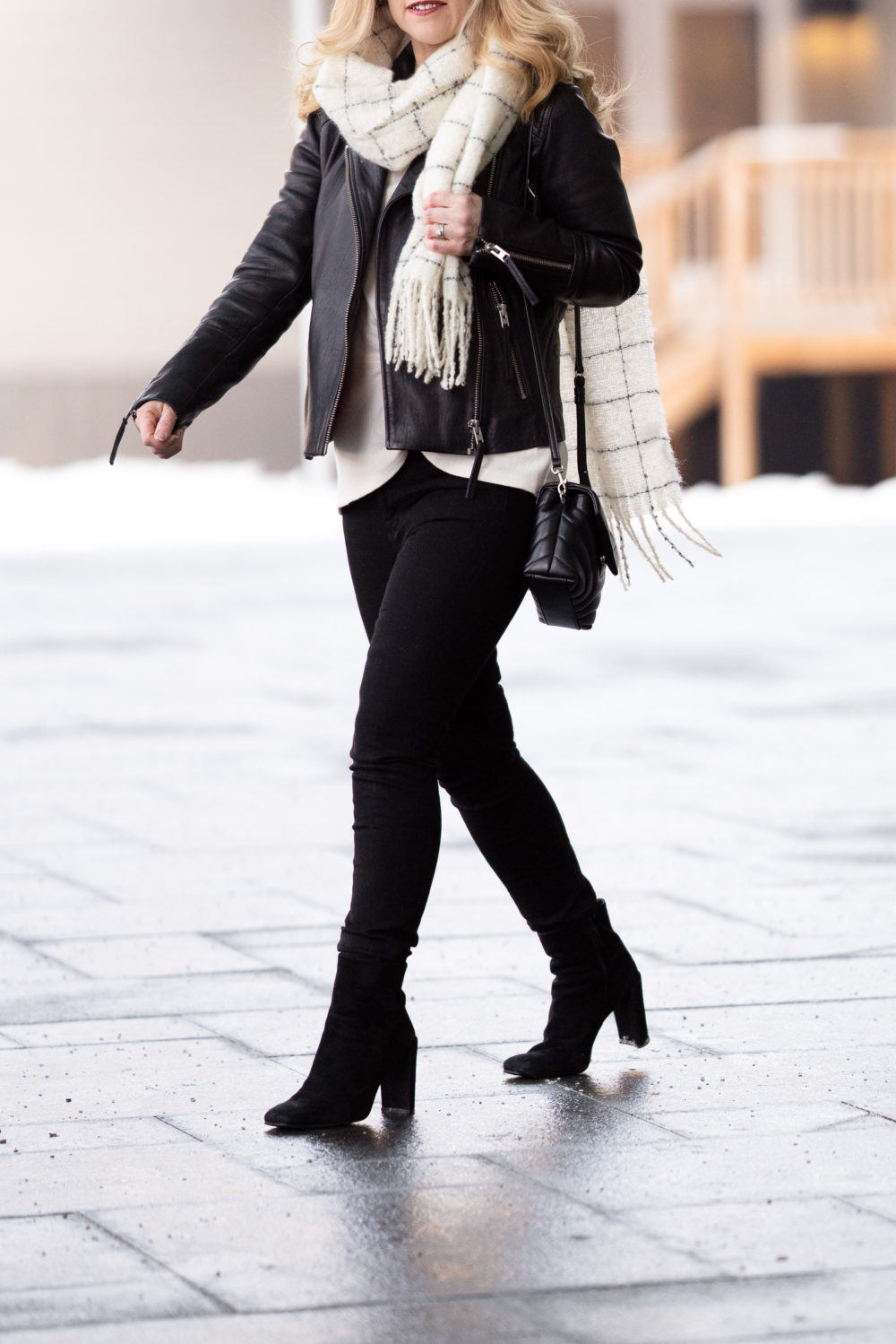 Petite Fashion and Style Blog | Topshop Moto Jacket | Loft Plaid Boucle Blanket Scarf | J. Brand Denim