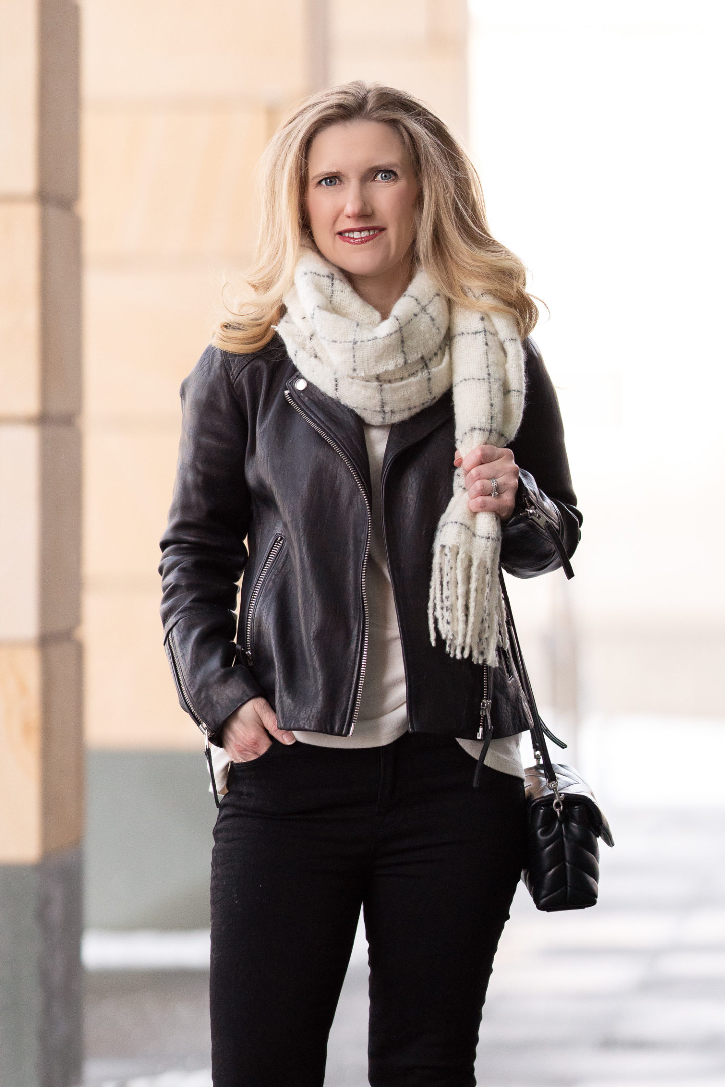 Petite Fashion and Style Blog | Topshop Moto Jacket | Loft Plaid Boucle Blanket Scarf | J. Brand Denim