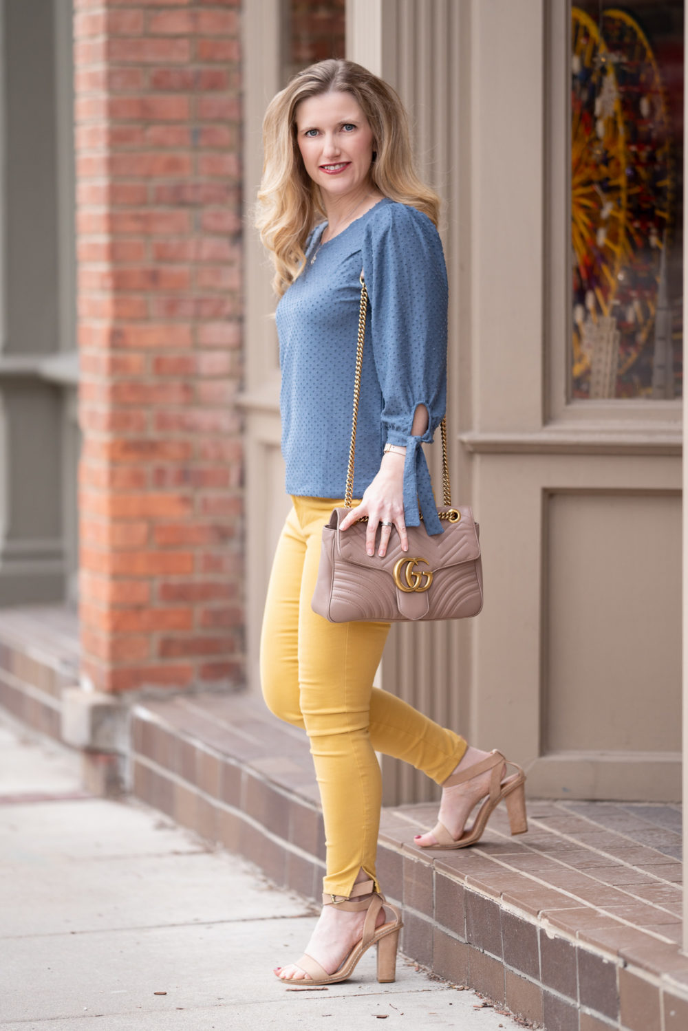 Petite Fashion Blog | Gibson International Womens Day Ruthie Clip Dot Tie Sleeve Blouse | Loft Marisa Fit Pants | Gucci Marmont Shoulder Bag