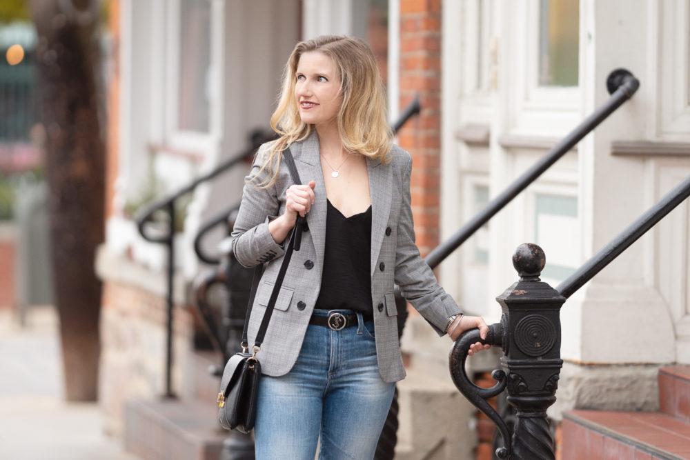 Petite Fashion Blog | Petite Style | 1.State Glen Plaid Blazer | J. Crew Factory Scalloped Cami | AG Isabelle Straight Leg Jeans | Demeiller Mini Berling Bag
