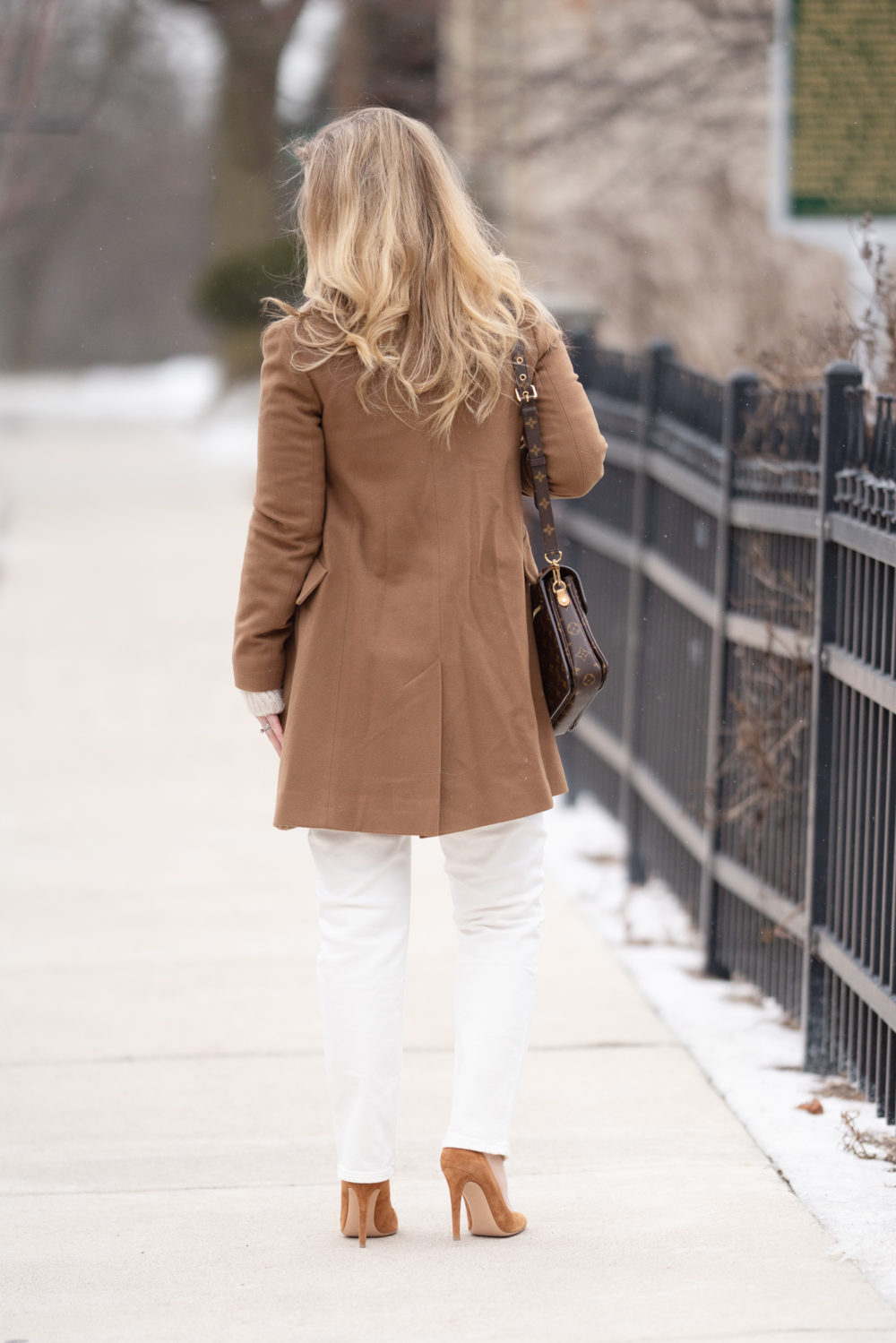 Petite Fashion Blog | Petite Style | Fleurette Notch Collar Wool Coat | Gucci Belt | Everlane High Rise Straight Leg Jeans | Topshop Pointelle Lace Sweater | Louis Vuitton Pochette Metis-