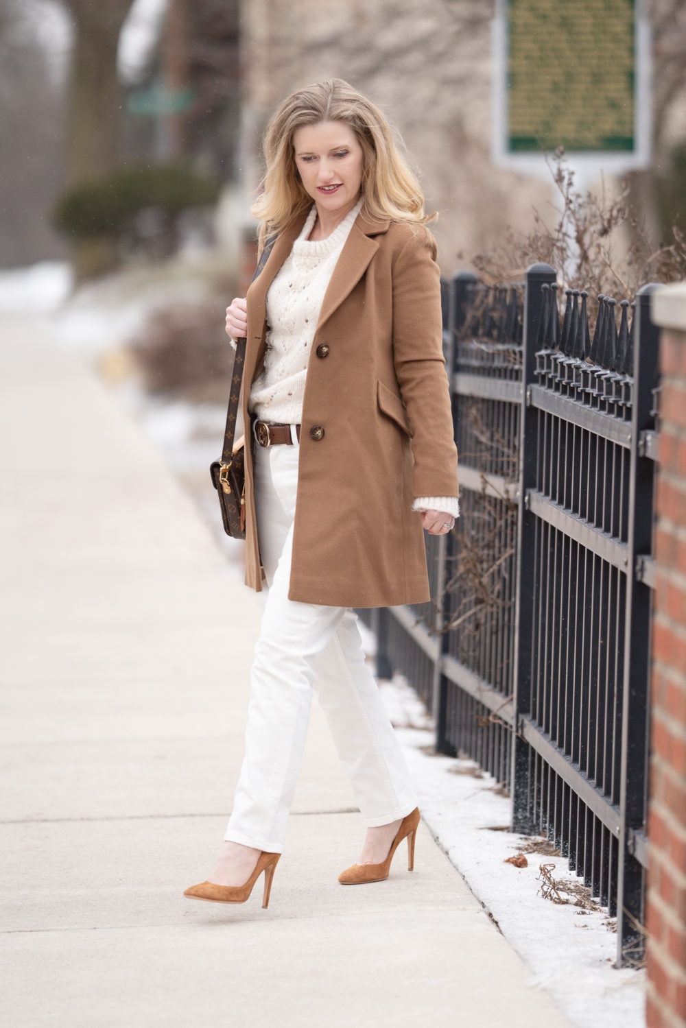 Petite Fashion Blog | Petite Style | Fleurette Notch Collar Wool Coat | Gucci Belt | Everlane High Rise Straight Leg Jeans | Topshop Pointelle Lace Sweater | Louis Vuitton Pochette Metis-