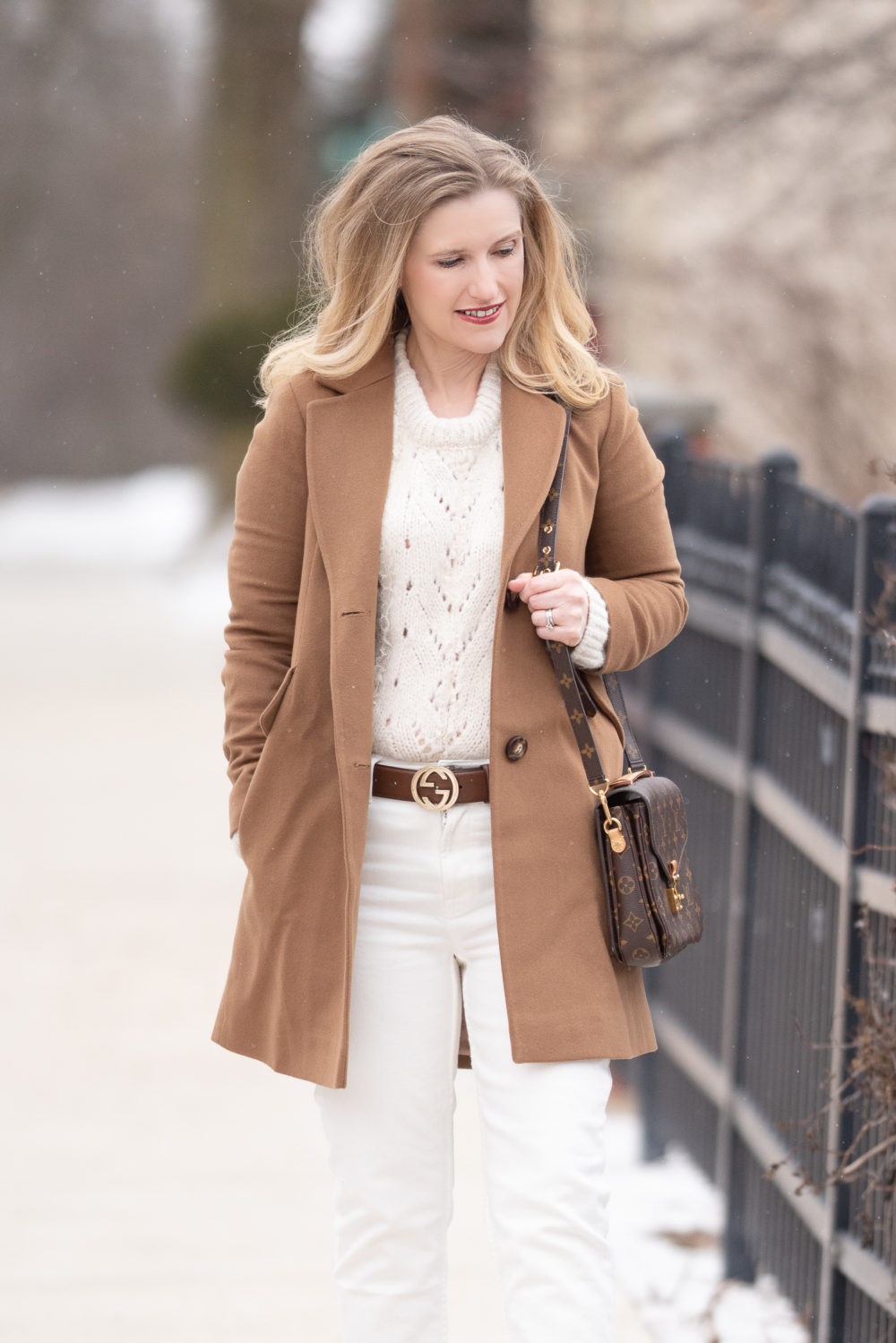 Petite Fashion Blog | Petite Style | Fleurette Notch Collar Wool Coat | Gucci Belt | Everlane High Rise Straight Leg Jeans | Topshop Pointelle Lace Sweater | Louis Vuitton Pochette Metis-