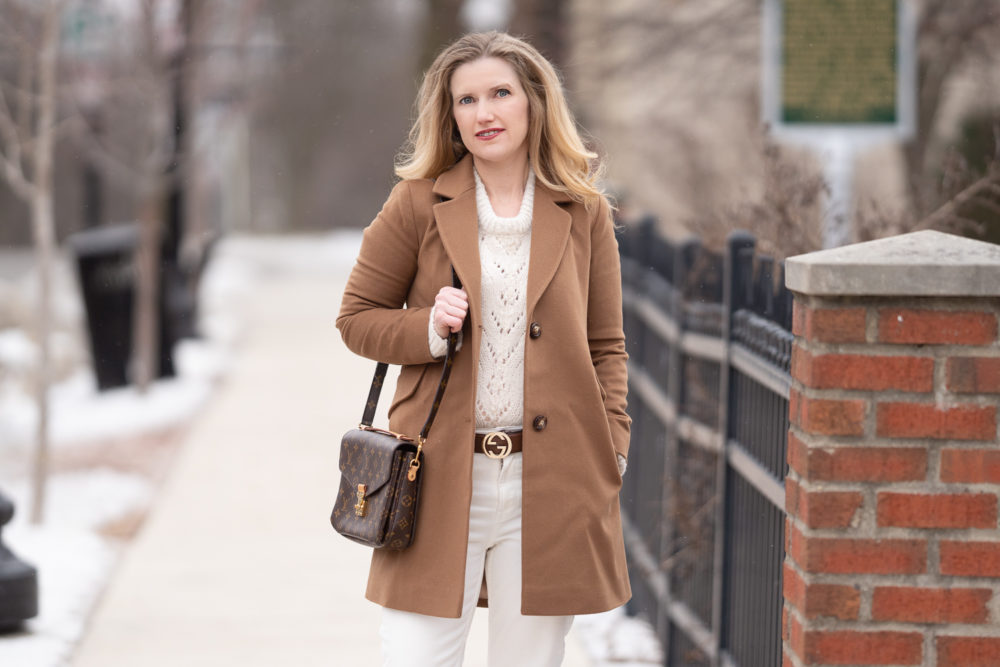 Petite Fashion Blog | Petite Style | Fleurette Notch Collar Wool Coat | Gucci Belt | Everlane High Rise Straight Leg Jeans | Topshop Pointelle Lace Sweater | Louis Vuitton Pochette Metis-