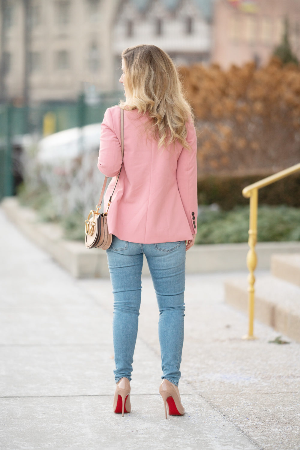 Petite Fashion Blog | Petite Style | Halogen Pink Blazer | J. Crew Cashmere Crewneck Sweater in Stars | 9 high-rise toothpick eco jean in light blue wash | Christian Louboutin So Kate Pumps