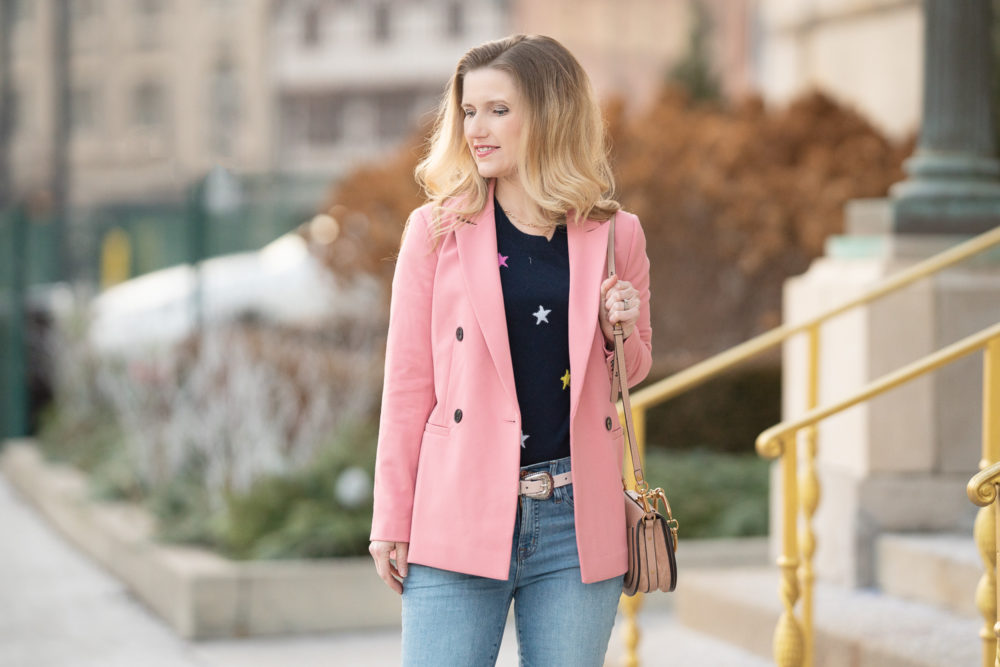 Petite Fashion Blog | Petite Style | Halogen Pink Blazer | J. Crew Cashmere Crewneck Sweater in Stars | 9 high-rise toothpick eco jean in light blue wash | Christian Louboutin So Kate Pumps