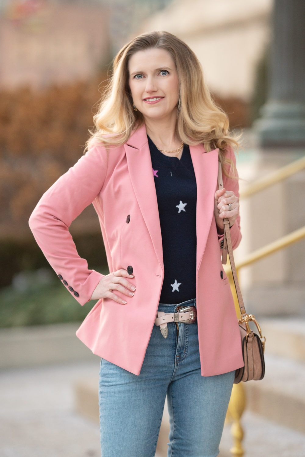 Petite Fashion Blog | Petite Style | Halogen Pink Blazer | J. Crew Cashmere Crewneck Sweater in Stars | 9 high-rise toothpick eco jean in light blue wash | Christian Louboutin So Kate Pumps