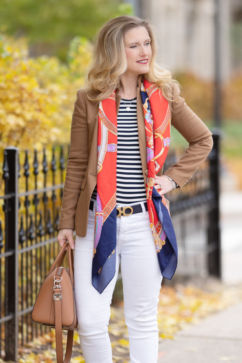 Petite Fashion Blog | Petite Style | J. Crew Regent Blazer | J. Crew Slim perfect long-sleeve T-shirt | Tuckernuck Colette Scarf | Everlane Day Heel | Gienchy Antogona Bag | Ferragamo Reversible Belt