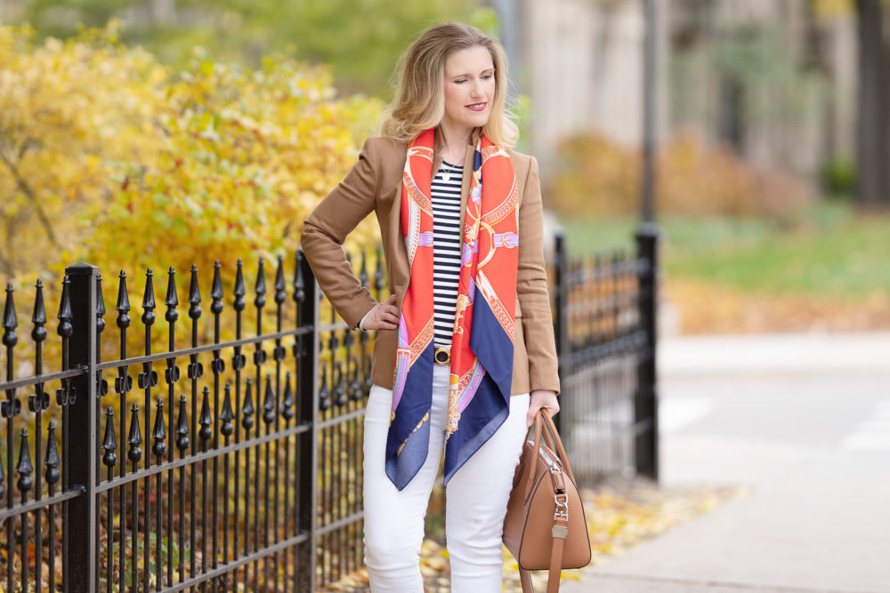 Petite Fashion Blog | Petite Style | J. Crew Regent Blazer | J. Crew Slim perfect long-sleeve T-shirt | Tuckernuck Colette Scarf | Everlane Day Heel | Gienchy Antogona Bag | Ferragamo Reversible Belt