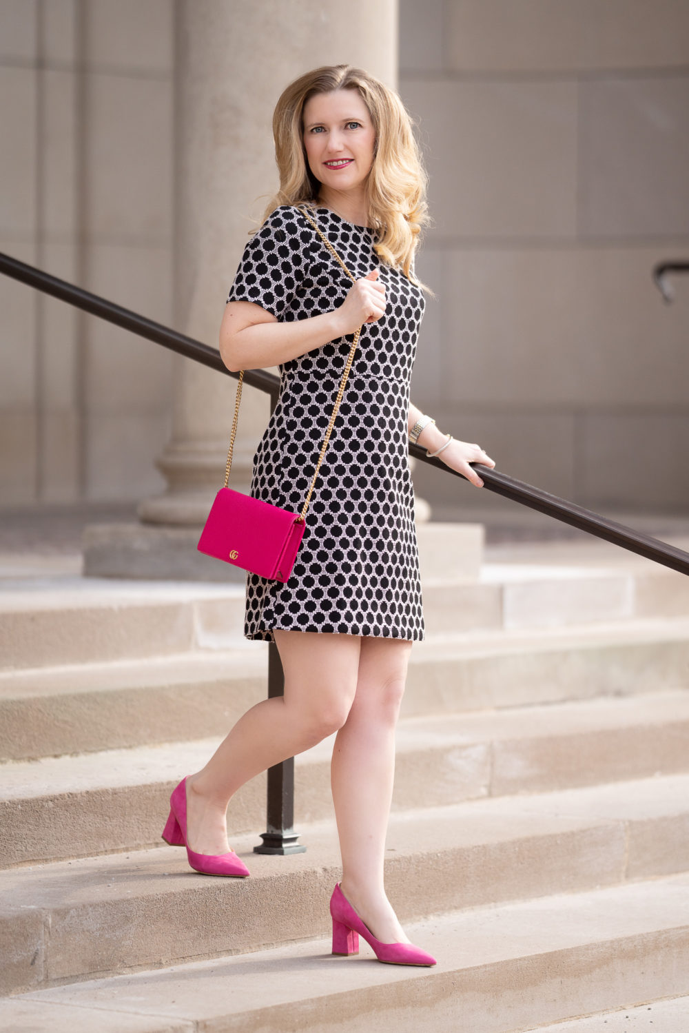 Petite Fashion Blog | Ann Taylor Textured Polka Dot Shift Dress | Gucci Marmont Mini Chain Bag | Marc Fisher Zala Pump