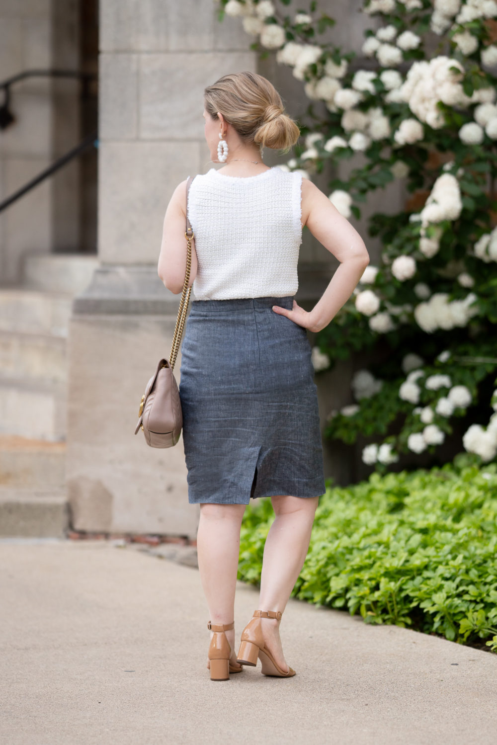 Petite Fashion Blog | Ann Taylor Chambray Tie Waist Pencil Skirt | Ann Taylor Fringe Trim Sweater Shell