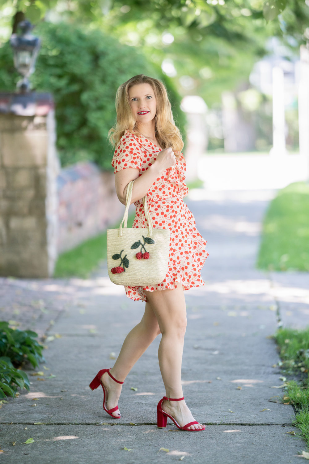 Petite Fashion Blog | Beach Riot Cherry Dress | Topshop Fruity Cherry Straw Tote Bag | Stuart Weitzman sandals