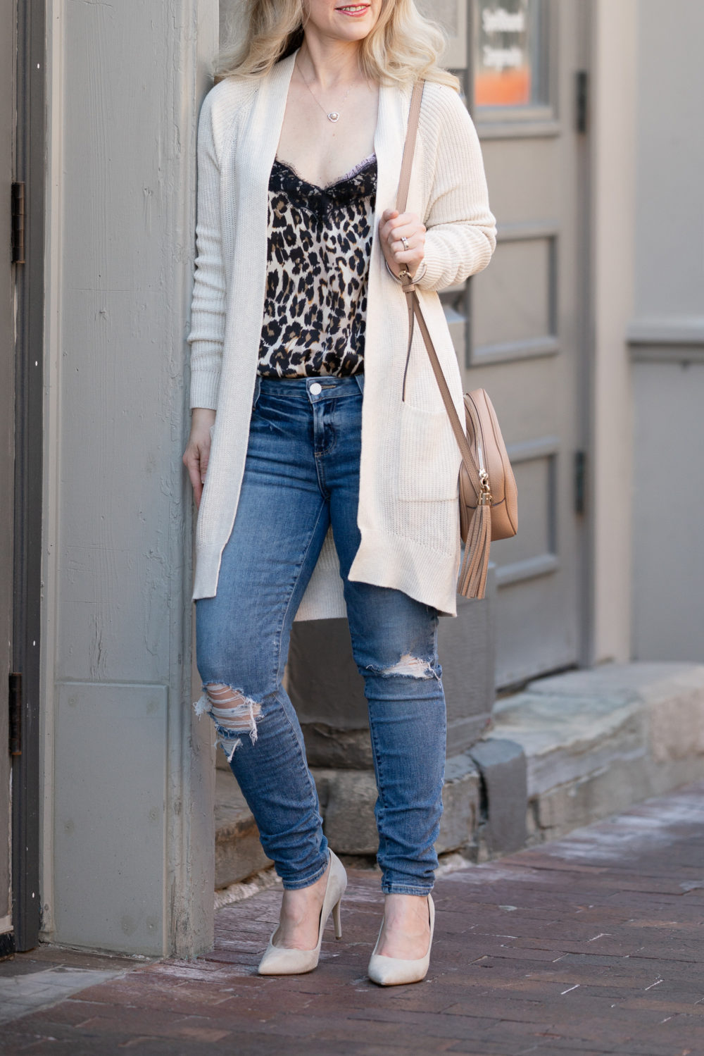 Petite Fashion Blog | Nordstrom Anniversary Sale | BP. Longline Open Cardigan | Paige Verdugo Ripped Crop Skinny Jeans | BP Lace Trim Satin Camisole Top