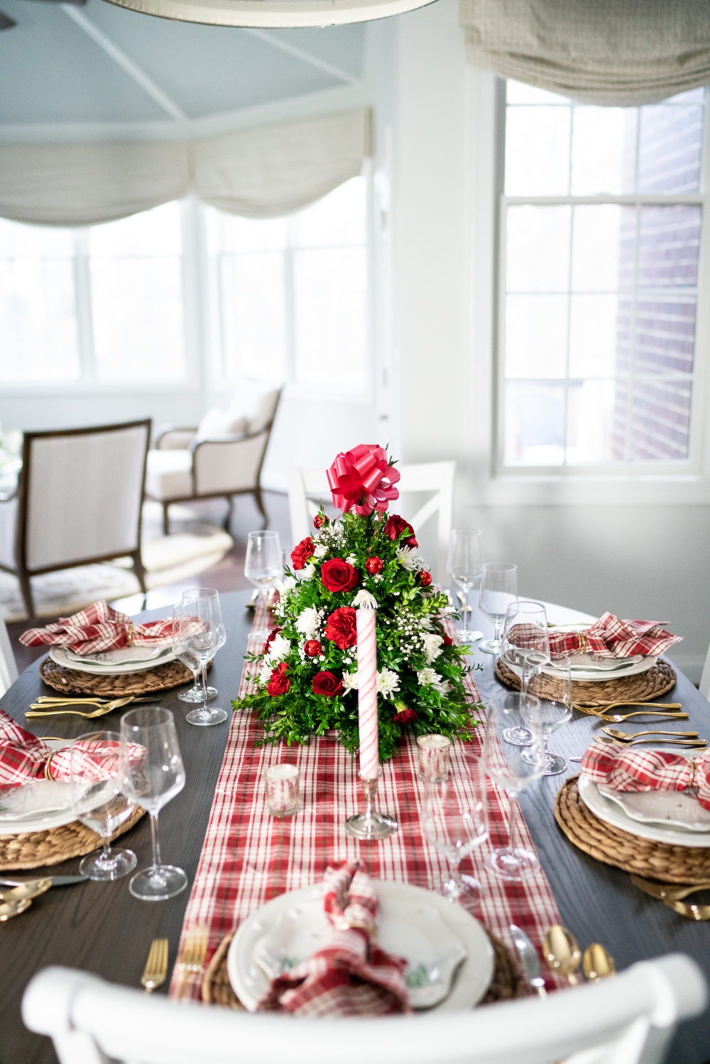 Petite Fashion Blog | Our Home for the Holidays | Christmas Decor | Flocked Christmas Tree | White Kitchen- | Juliska Berry and Thread | Juliska Holiday Dinnerware | FTD Flowers | Christmas Flowers