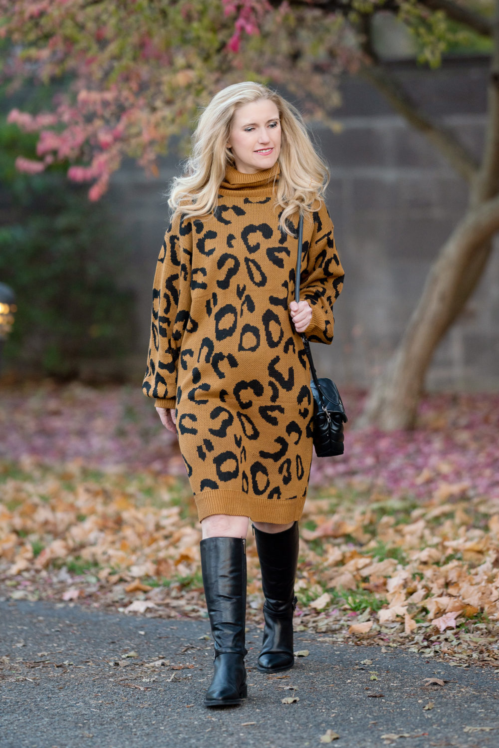 Petite Fashion Blog | Prettygarden Leopard Print Sweater Dress | Aquatalia Boots